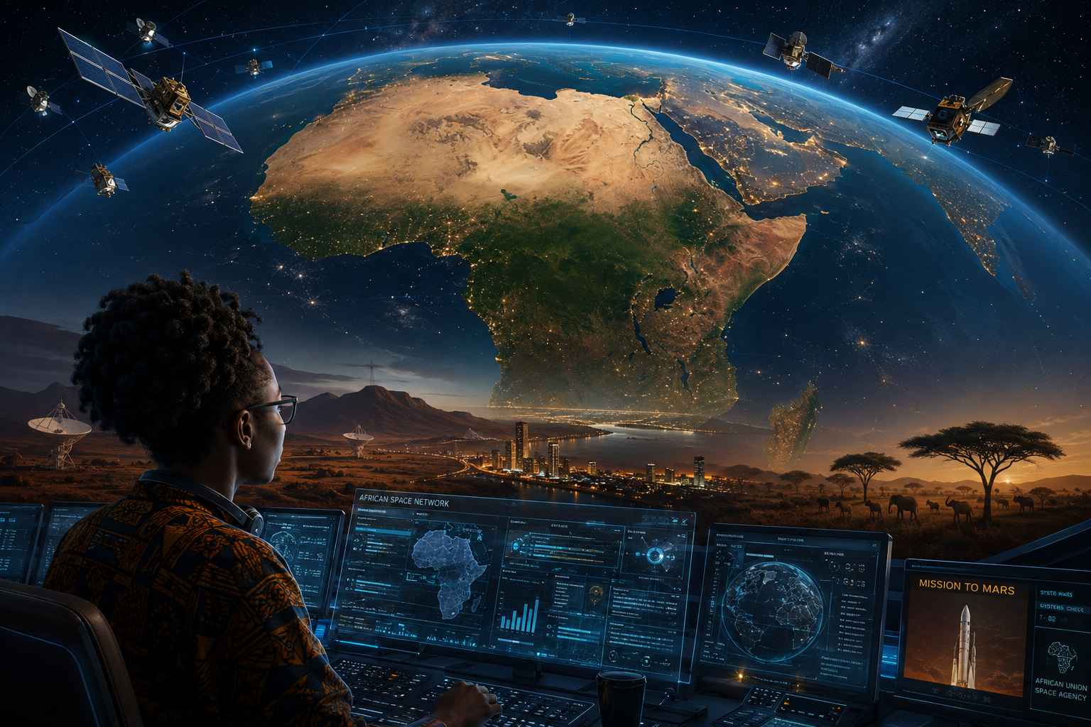 A cinematic illustration of the African continent viewed from low Earth orbit, with satellites overhead and a young African engineer at a space control room in the foreground, blending deep space blues with warm African earth tones.