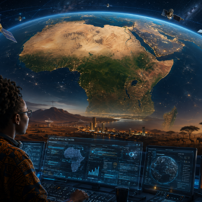 A cinematic illustration of the African continent viewed from low Earth orbit, with satellites overhead and a young African engineer at a space control room in the foreground, blending deep space blues with warm African earth tones.